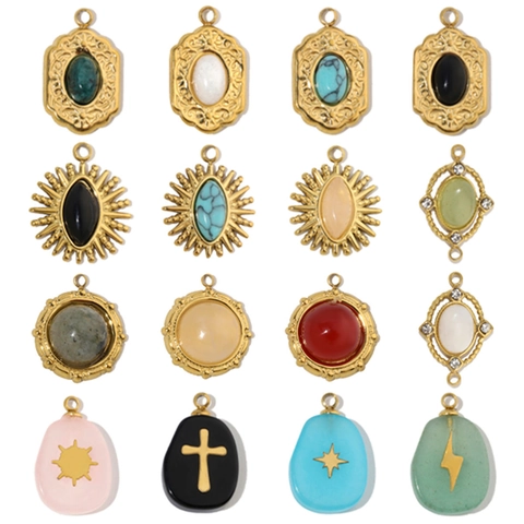 Ciondoli Vintage In Acciaio Inossidabile Pietra Naturale Gioielli DIY Simboli Croce Stella Sole Donna Stile Bohémien