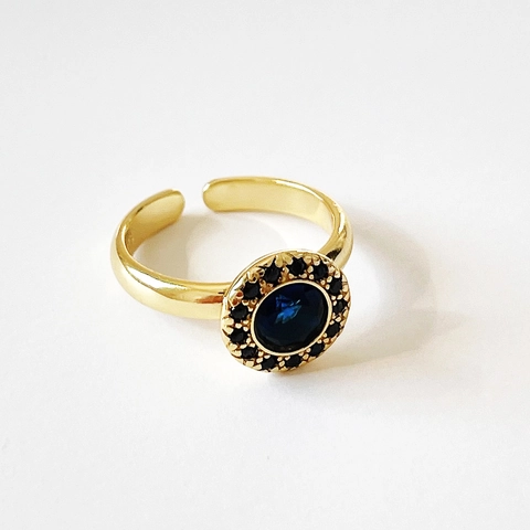 925 Sterling Silber Ring 18K Vergoldet Blau Saphir Edelstein Halo Schwarz Strass Retro Offen Verstellbar Schmuck Damen
