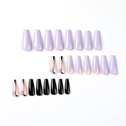 Lange Ballerina Press On Nagels Glanzend Ombre Paars Zwart Golfpatroon Artistieke Valse Vingernagels
