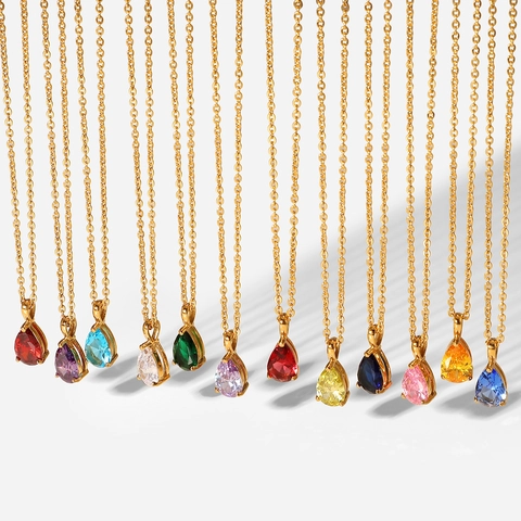 Water Drop Pendant Necklace 18K Gold Plated Stainless Steel Birthstone Cubic Zirconia Elegant Jewelry For Women
