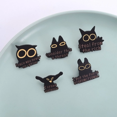 Lustige Schwarze Katze Eule Emaille Pin Brosche Cartoon Tier Meme Slogan Zinklegierung Schmuck Für Rucksack Kleidung Zubehör