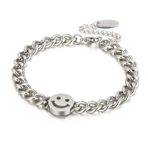 Bracciale Con Ciondolo Rotondo Faccina Sorridente Acciaio Inossidabile Catena Cubana Regolabile Gioielli Retro Punk
