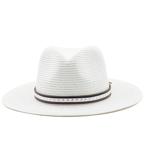 Chapeau Fedora En Paille Panama À Large Bord Protection Solaire Vacances À La Plage Style Western Jazz Avec Ceinture À Rivets Étoilés Pour Hommes Femmes