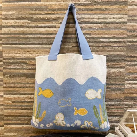 Knitted Tote Bag Women Ocean Octopus Fish Pattern Polyester Handwoven Shoulder Shopping Handbag Casual Beach Bag