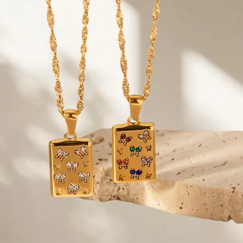 Collana Con Ciondolo Rettangolare A Farfalla Acciaio Inossidabile Placcato Oro Zircone Intarsiato Gioielli Vintage Eleganti Per Donna