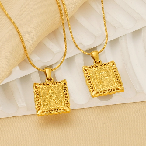 Vintage Initial Letter Pendant Necklace Stainless Steel 18K Gold Plated Filigree Square Medallion Snake Chain Jewelry