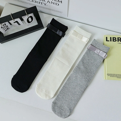 Damen JK Stil Mittelhohe Socken Japanisch Süß Ballett Schleife Rippenstrick Crew Socken Baumwolle Atmungsaktiv Damenstrümpfe