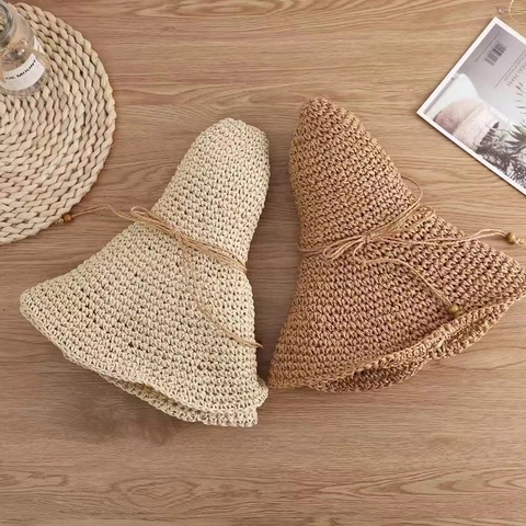Cappello Di Paglia A Tesa Larga Carta Intrecciata Pieghevole Fiocco Perline In Legno Estate Spiaggia Protezione Solare Per Donne