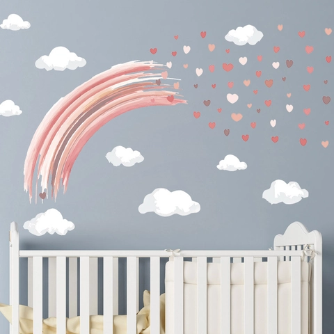 Adesivi Murali Arcobaleno Acquarello PVC Autoadesivi Cuore Nuvole Arredo Per Cameretta Bambini Stile Nordico