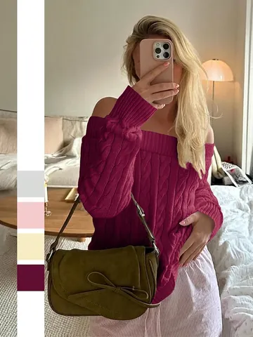Women Cable Knit Sweater Viscose Polyester Nylon Off Shoulder Long Sleeve Loose Casual Solid Pullover