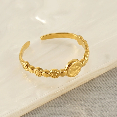 Open Ring 18K Gold Plated Stainless Steel Adjustable Flower Relief Round Flat Minimalist French Retro Jewelry For Women