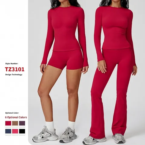 Ropa De Yoga Para Mujer De Nylon Y Spandex Top De Manga Larga Y Leggings O Pantalones Acampanados Slim Fit Fitness