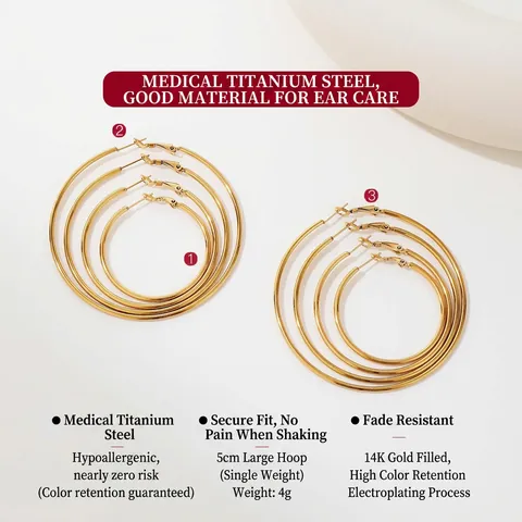 Orecchini a Cerchio in Acciaio al Titanio Medico Grandi Orecchini a Cerchio Minimalisti Ipoallergenici Oro Argento per Donna Gioielli