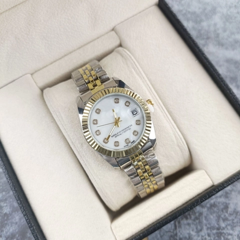 Women's Two-Tone Luxury Quartz Watch With Stainless Steel Band Rhinestone Dial Calendar Round Dial Fashion Jewelry Wristwatch