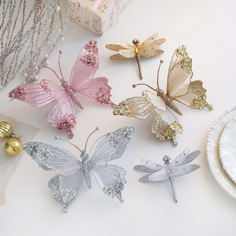 Butterfly Dragonfly Christmas Ornaments Mesh Glitter Faux Artificial Pearl Hanging Decorations For Holiday Tree Party