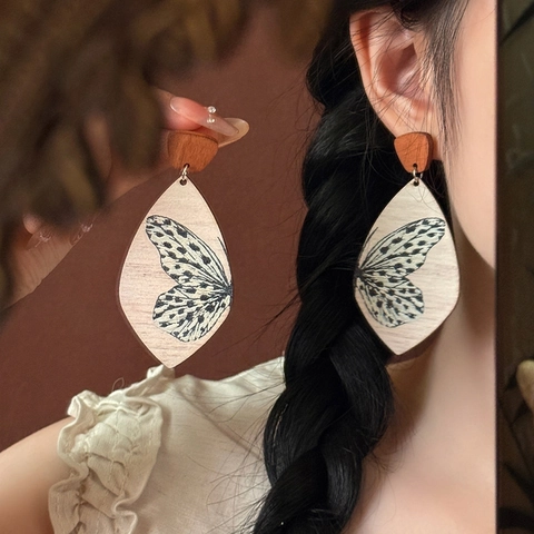 Vintage Schmetterling Druck Holz Blatt Ohrhänger Mit Silbernem Stecker Ethnisch Handgemachter Schmuck Damen