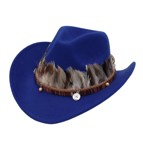 Chapeau De Cowboy Occidental Style Ethnique Feutre De Laine Large Bord Avec Plume Bande Tressée Décor De Pièce En Métal