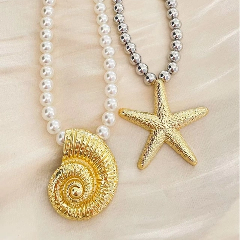 Collana di Perle Artificiali Retro Stile Oceano Lega Stella Marina Conchiglia Pendenti Oro Argento Mix Perle Catena Osso del Collo Gioielli Donna