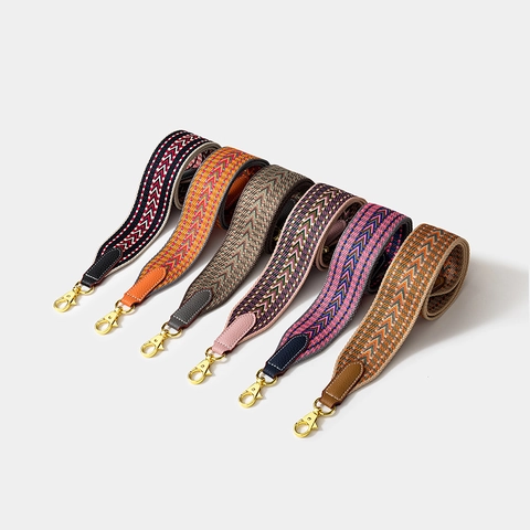 Wide Woven Bag Strap Replacement Shoulder Crossbody Belt Chevron Pattern Leather Ends Metal Clasps Vintage Style