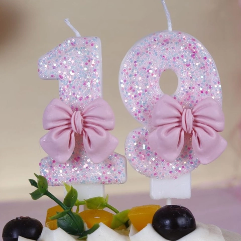 Pink Glitter Number Birthday Candles 0-9 With Bowknot Cake Topper Decoration For Kids Girl Party Paraffin Wax Sparkly