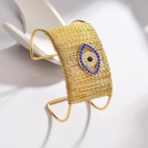 Brazalete De Puño Evil Eye Chapado En Oro De 18K Acero Inoxidable Envuelto En Alambre Tejido Ancho Joyería Bohemia