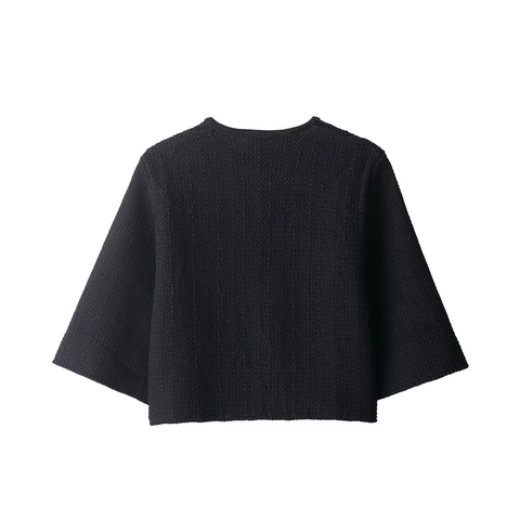 Women Solid Black Knitted Cardigan Short Jacket Round Neck Cape Sleeve Silver Embossed Button Chic Outerwear