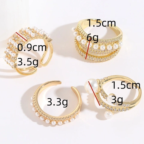 Anillo Ajustable Abierto De Perla Artificial Y Circonita Para Mujer Joyería Geométrica De Cobre Chapado En Oro 14K Elegante Oficina