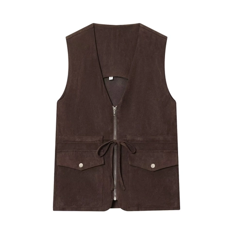 Dames Rok Set Faux Suede Mouwloos Vest Met V Hals En Rits En A Lijn Midi Rok Met Zakken Streetwear