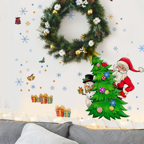 Christmas Wall Stickers Santa Claus Reindeer Sleigh PVC Removable Decals Watercolor Holiday Home Window Decorations