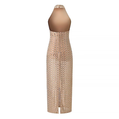 Abito Lungo Sexy Allacciato Al Collo Schiena Scoperta Elegante Paillettes Strass Mesh Bodycon Festa Serale Donna