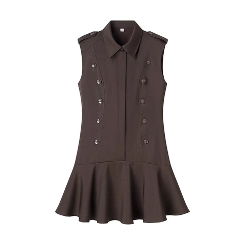 Ärmelloses Minikleid Gepolsterte Schulter Doppelreihig Militärstil Rüschensaum Gewebter Revers Schick Für Damen