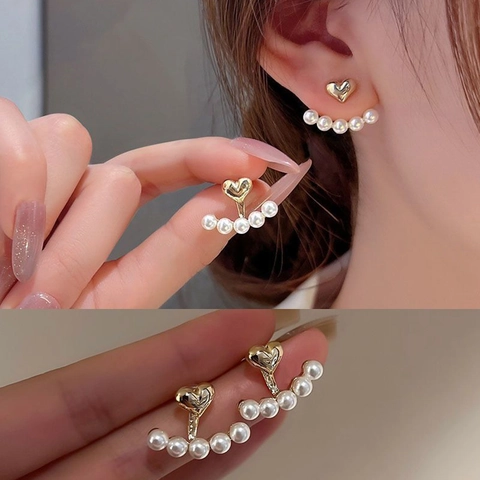 Pendientes De Botón Con Perlas Artificiales De Corazón Y Poste De Plata De Ley 925 Elegante Cobre Bañado En Oro Para Mujer