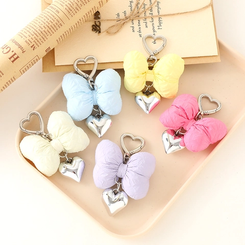 Porte-clés Nœud En Tissu Matelassé Pendentif Cœur Douce Charme De Sac Mousqueton En Alliage Accessoire De Mode Filles