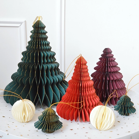 Honeycomb Paper Christmas Tree Hanging Ornaments Folding Gold Edge Glitter Festive Party Decor Window Display