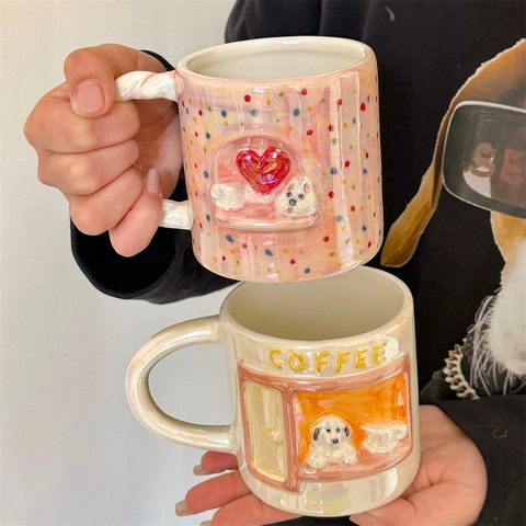 Cute Ceramic Mug Pearlescent Relief Puppy Heart Pattern Iridescent Coffee Cup With Twist Handle For Women Gift