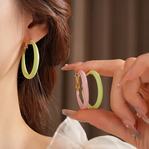 Enamel Round Hoop Earrings With 925 Sterling Silver Earring Post Chic Minimalist Geometric Large Loop Jewelry For Women