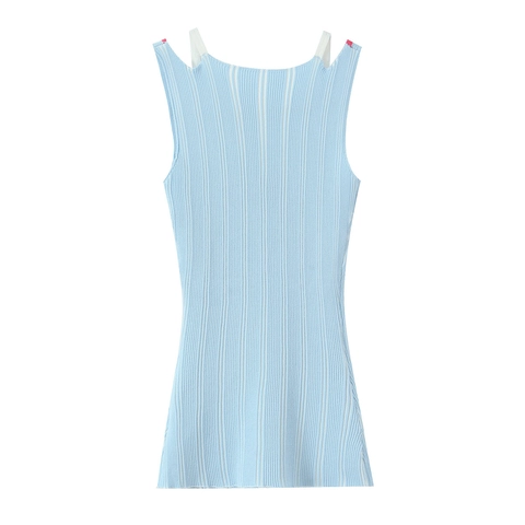 Canotta In Maglia Da Donna Finto Due Pezzi Canottiera A Costine Scollo A V Senza Maniche Vestibilità Aderente Top Celeste