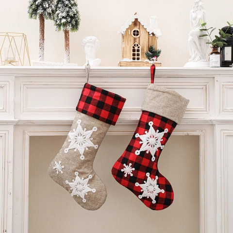 Calze Di Natale In Lino E Iuta Quadri Rossi E Neri Fiocco Di Neve Ricamato 3D Decorazione Rustica Per Casa
