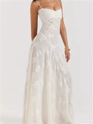 Women White Maxi Dress Backless Cross Wrap Spaghetti Strap Floral Butterfly Embossed Lace Party Evening Elegant Sexy