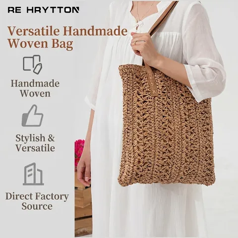 Woven Straw Tote Bag For Women Paper Crochet Large Capacity Summer Beach Vacation Shoulder Bag With PU Straps And Lining