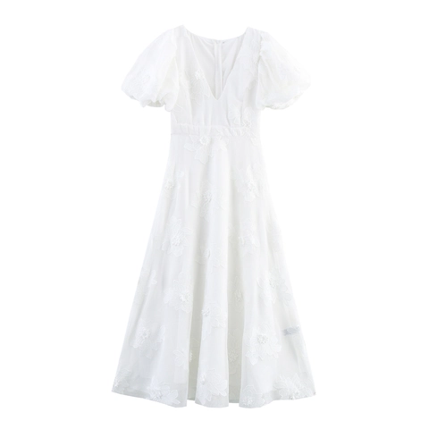 Abito Maxi Elegante Con Scollo A V Maglia Fiori 3D Maniche A Sbuffo Vita Alta Stile Francese Dolce Per Donne