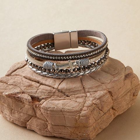 Bohemian Multi Layer Wrap Bracelet With Leather Woven Rope Alloy Cross Pendant Rhinestone Beads And Magnetic Clasp