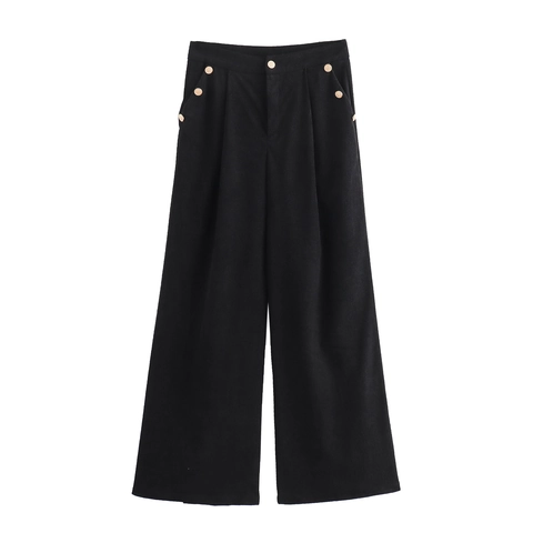 Corduroy Broek Met Wijde Pijpen Dames Hoge Taille Gouden Knopen Elegant Mode Herfst Winter