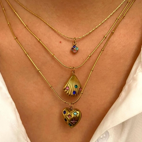 Collier Pendentif En Acier Inoxydable Plaqué Or Zircon Coloré Coeur Carré Coquille Charmes Chaîne Clavicule Rétro Femmes