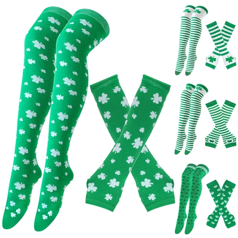 St Patricks Day Socks And Arm Warmers Polyester Clover Pattern Over Knee Thigh High Striped Irish Party Accessories