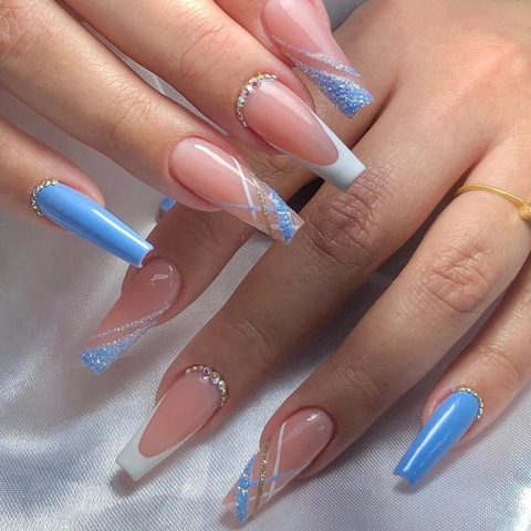 Lange Coffin Press On Nails Hemelsblauw Geometrische Strass Glanzende Kunstnagels Met Lijm Voor Vrouwen