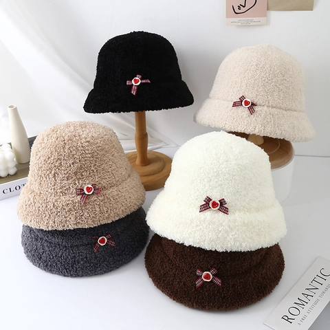 Cappello da Pescatore Invernale da Donna Caldo In Pelliccia Sintetica Con Fiocco A Cuore Rosso Spesso Berretto Peluche