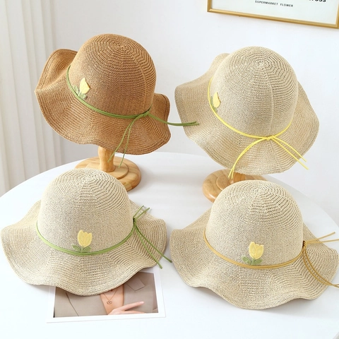 Women Straw Sun Hat UV Protection Wide Wavy Brim Tulip Embroidery Summer Beach Vacation Fresh Style