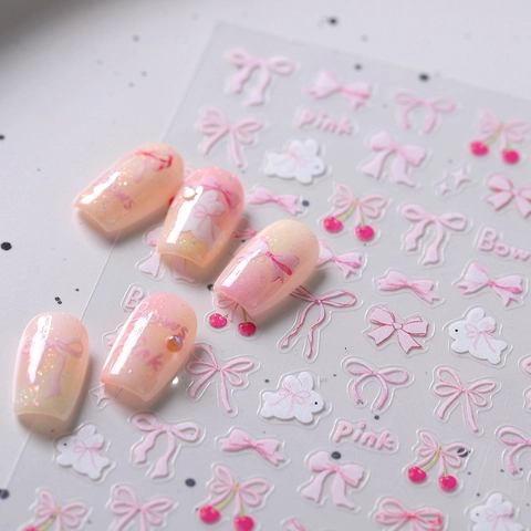 Autocollants À Ongles 3D En Relief Nœuds Roses Cerise Lapin Ultra Minces Mats Auto-Adhésifs Pour Manucure DIY