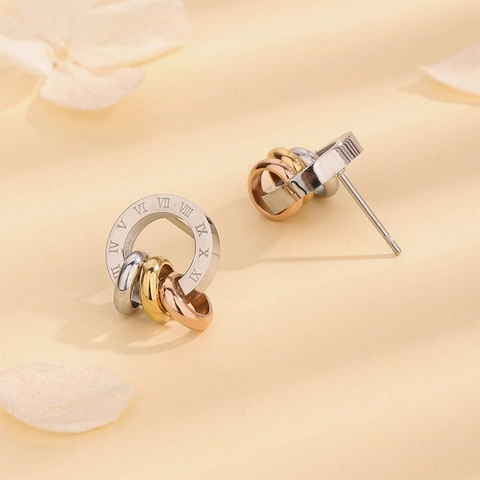 Roman Numeral Interlocking Three Tone Ring Stud Earrings Titanium Steel Gold Silver Rose Gold Plated Fashion For Women